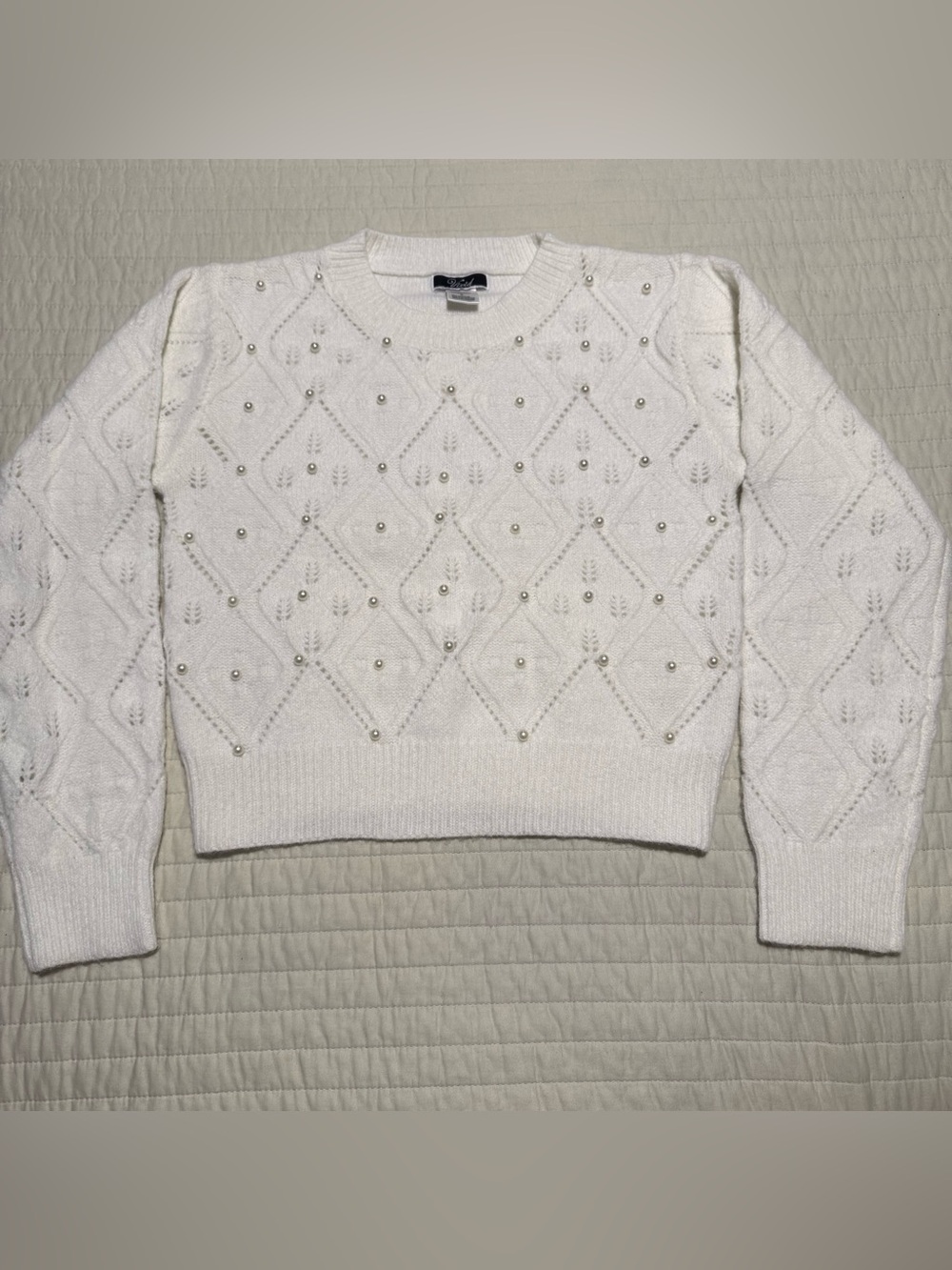 Vivid White Pearl-Studded Cable Knit Crewneck Sweater